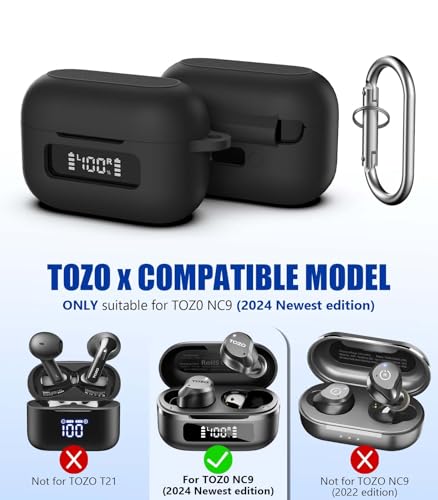 AGENTNANO for TOZ0 NC9(2024) Case Cover, Silicone Protective Scratch Resistant Battery Display Visible Design Cover for TOZO Hybrid Active Noise Cancelling Wireless Earbuds with Carabiner-Black