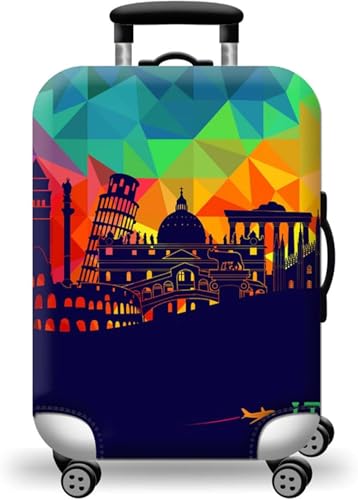 Image of TOURISTIANO Travel Luggage Cover with World Landmarks and Airplane DesignPrint - Teal | Elastic Stretchable Suitcase Protector | Anti-Scratch Dustproof Cover (World Landmark Print, Small)