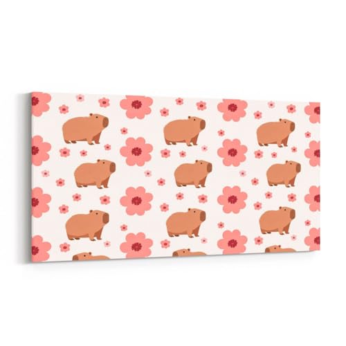 Erosebridal Floral Capybara Print Large Canvas Wall Art 48"X24" Lovely Animals Artwork for Kids Boys Girls Women Natural Branches Floral Wall Art Painting Cartoon Cute Wildlife Poster