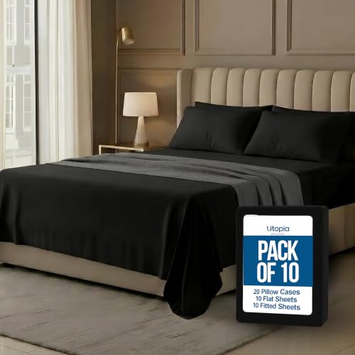 Image of 10-Pack Queen Size Hotel Sheet Set, Soft Brushed Microfiber Commercial Sheets, Resort Quality Bedding, Deep Pocket, Shrink & Fade Resistant, Easy Care, Black