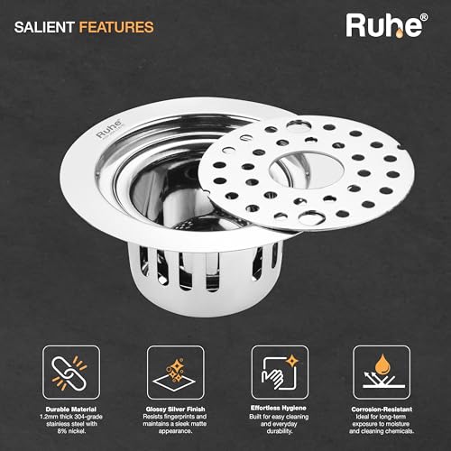 Image of Ruhe Round Floor Drain with Lock and Hole (5 Inches) | 304-Grade Stainless Steel Drain Jali with Cockroach Trap | Floor Drainer for Bathroom