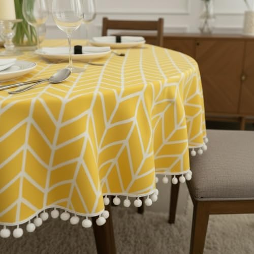 Image of HOMEMONDE Cotton Premium Dining Round Table Cover with White Border Pom-Pom, 45 x 45 Inches Yellow Arrow Printed Table Cloth 4 Seater, Round Table Cover - (114x114 CM, Yellow Arrow)