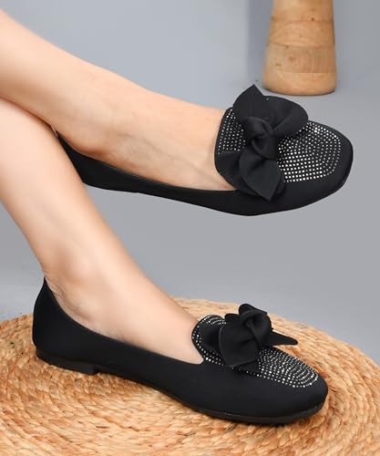 Image of JM LOOKS Crystal Studded Loafer Flats Featuring Elegant Double Layered Bow and Modern Square Toe