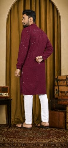 Image of Men's Lakhnawi Chikankari Kurta Set Cotton Ethnic Kurta Pajama for Men Wedding Festive Designer Indian Outfit Stylish Embroidered Kurta Set