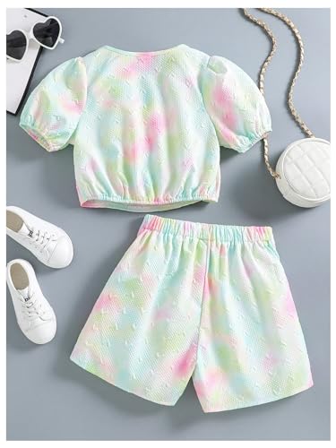 Image of MakeMeChic Girl's 2 Piece Outfit Tie Dye Bow Puff Sleeve V Neck Crop Tops and Pleated Shorts Set