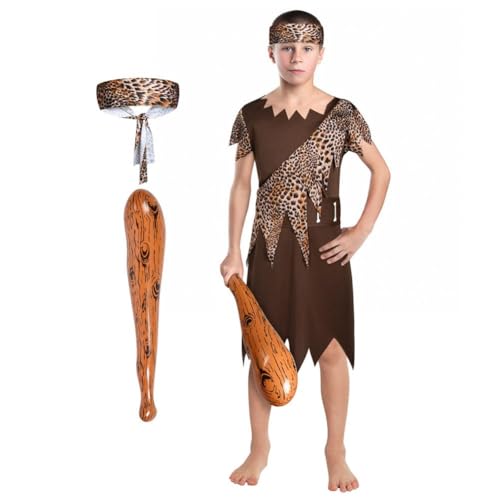 AYBUY Kids Caveman Costume Boys Stone Age Themed Costume Wild Cave Boys Outfit Halloween Cosplay Fancy Dress Dark Brown Robe Leopard Print Belt Headscarf Inflatable Stick 6-8 yr (M)