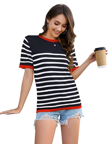 Image of ANCAPELION Women's Short Sleeve Sweater Top Striped Knit Crew Neck Pullover for Summer Trendy Shirts