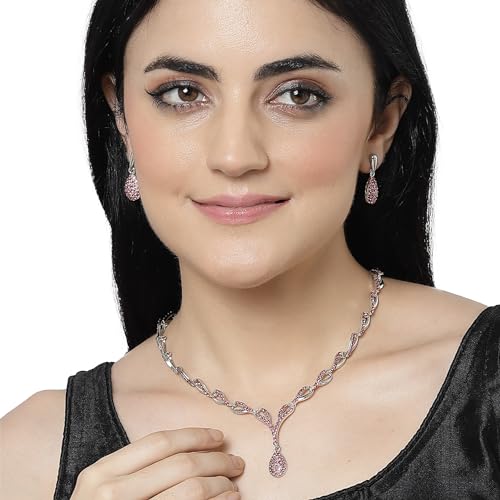 Image of ZENEME Oxidised Silver-Plated Cubic Zirconia Studded Teardrop Shaped Necklace With Earrings Jewellery Set For Girls and Women