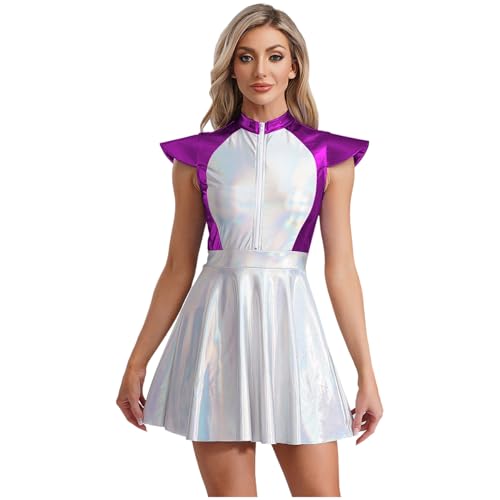Jugaoge Disfraz alienígena para mujer, metálico, vestido de astronauta, manga corta, con bloque de color, falda acampanada, Halloween, cosplay, espacio, morado, 4XL