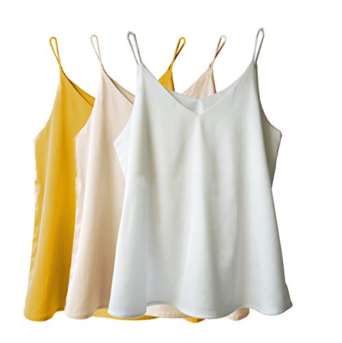 Wantschun Womens Silk Satin Camisole Cami Plain Strappy Vest Top T-Shirt Blouse Tank Shirt V-Neck Spaghetti Strap US Size XL;Yellow+Champagne+White