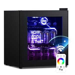 HCK 48L Mini Kühlschrank mit Glastür Leise 39dB, Cyberpunk Getränkekühlschrank mit Fernsteuerbaren RGB LED Lichtern, Flaschenkühlschrank, Mini Fridge 0-15°C für Gaming Deko, Minibar, Schwarz
