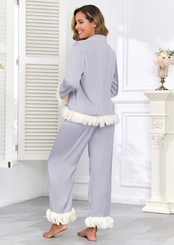 Image of Brosloth Womens Silk Pajamas Set Long Sleeve Satin Button Up Sleepwear | Cute Soft Fall Pjs Sets, Lace 2 Piece Lounge Set, Elegant Bridesmaid Pajama, Skin Friendly Sleepwear for Wedding, Honeymoon