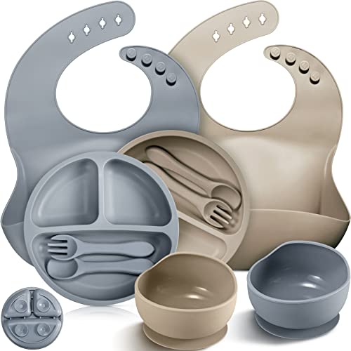 Image of 10 Pack Silicone Baby Feeding Set, Toddlers Led Weaning Feeding Supplies with Suction Baby Bowl Divided Plate Adjustable Bib Soft Silicone Spoon Fork, Infant Self Eating Utensil Set (Gray, Khaki)