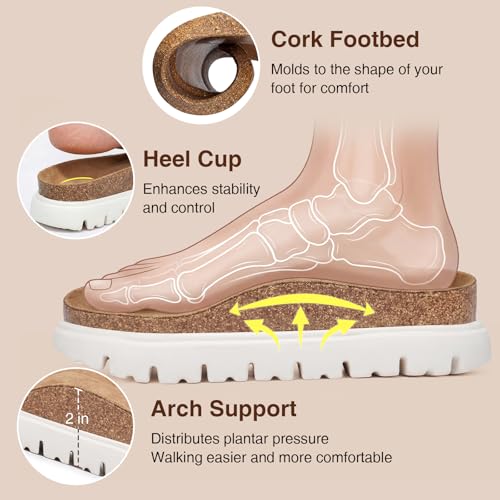 Image of ZURIN Genuine Leather Sandals for Women,Cork Footbed Slide Platform Sandals with Arch Support, Suede Double Buckle Slip On Slides for Summer Beach Walking Indoor Outdoor