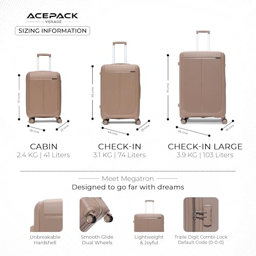 Image of ACEPACK by Verage Megatron Hard Side Polypropylene Luggage Set of 2 (Cabin 41L + Medium 74L) | Lightweight Unbreakable Suitcase Set with 360 Silent Spinner Wheels, Number Lock & Telescopic Handle