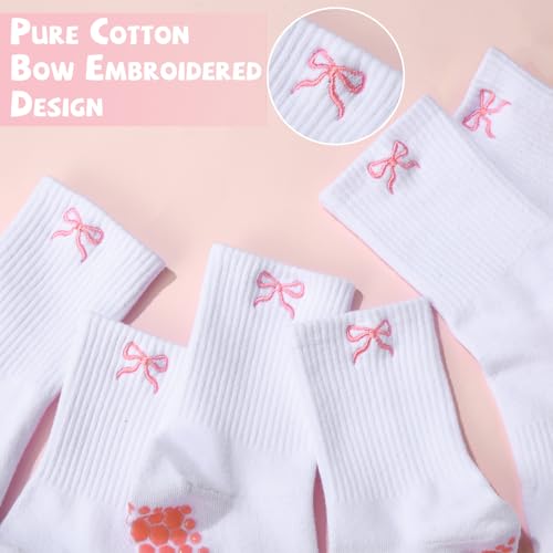 Jeyiour 5 Pairs Coquette Bow Socks for Women Pure Cotton Non Slip Pilate Grips Socks with Embroidered for Yoga Barre Ballet4