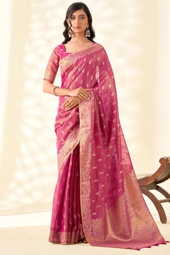Image of SWORNOF Gold-Toned Woven Design Silk Zari Tissue Saree | Saree for Women | Soft and Skin Friendly
