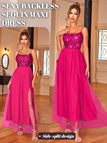 Image of ShawGobow Tulle Prom Dress with Slit,Sequin Backless Long Flowy Dresses for Women,Sexy Sparkly Outfits Homecoming Wedding