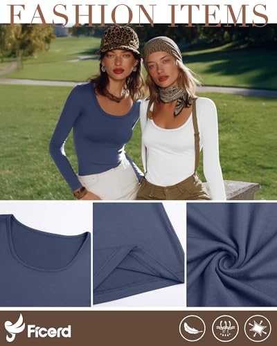 Ficerd 4 Pack Women's Scoop Neck T-Shirts Long Sleeve Cotton Slim Fit Tops Stretchy Tight Casual Basic Layering Shirts Tees3