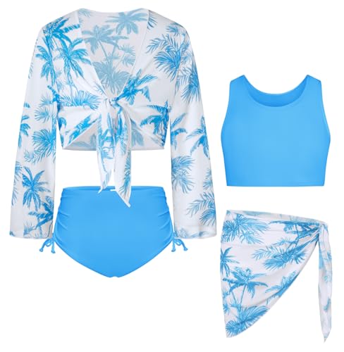 Image of GRACE KARIN Girls Bathing Suit Adjustable Taniki Swimsuit Tie Front 4 Piece Bikini Set with Kimono Cover Up 6-14