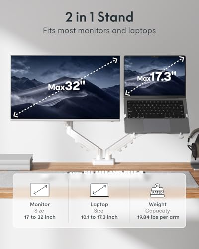 Image of FlexiSpot Laptop Mount, Dual Monitor Arm with Laptop Tray, Fits Up to 32 Inch Monitor and 17.3 Inch Notebook, Full Adjustable Gas Spring Holds up to 19.84lbs per Arm for Office & Home, White