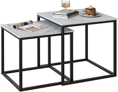 Huhote Quadratisch Couchtisch 2er Set, Moderne Wohnzimmertisch, Couchtisch Aus Holz, Wohnzimmertisch Klein, Beistelltisch, Sofatisch, Coffee Table für Wohnzimmer, Schlafzimmer, Büro, Schwarz+Weiß
