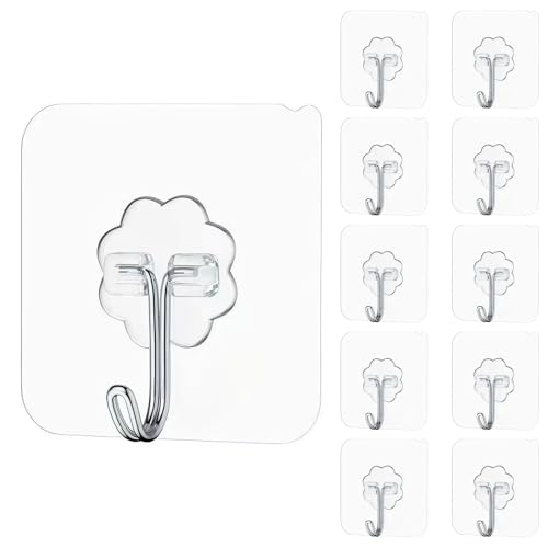10 Pack Heavy Duty Adhesive Wall Hooks, 44lb Max, Clear Self Stick Hangers for Hanging Towels, Coats, Keys, Pictures, Damage-Free Hanger for Bathroom, Kitchen, Shower, Door, Waterproof & No Drill