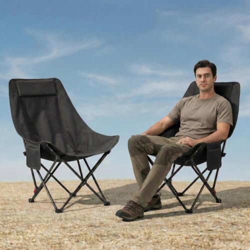 Image of Foldable Camping Moon Chair with High Back - Lightweight Portable Outdoor Folding Chair with Carry Bag & Side Pocket - Heavy Duty X-Frame for Balcony, Garden, Hiking & Travel (Black) (Black)