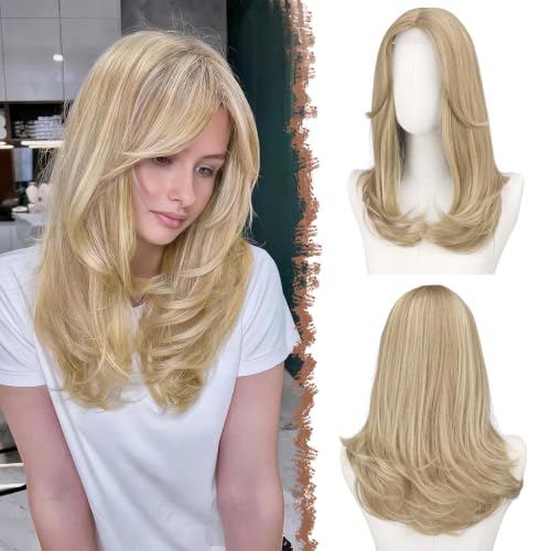 FESHFEN Lace Front Hairline Wigs with Bangs, Synthetic Natural Looking Long Layered Straight Hair Wig for Women Daily Party Costume, 18 inch Blonde Highlights
