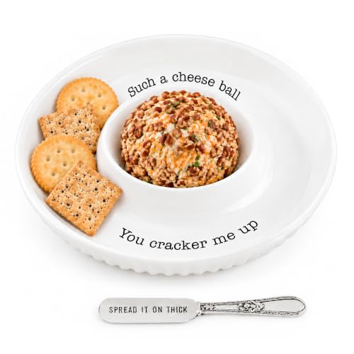 Mud Pie Cheese Ball Serving Dish Set with Spreader, White Appetizer Plate