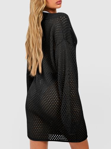 Saodimallsu Women Crochet Cover Up Long Sleeve Deep V Neck Hollow Out Sweater Oversized Beach Mini Dress Bathing Suit Coverup2