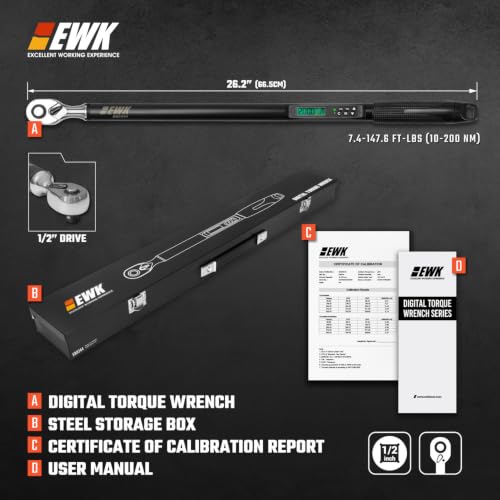 Image of EWK 1 /2 Inch Drive Digital Torque Wrench 7.4-147.6 ft-lbs (10-200 Nm) | IS0 6789, ±1.5% clockwise / ±2.5% counterclockwise, LCD Display, LED Buzzer Vibration Alert, 30 Memory Values
