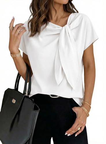 Dokotoo Business Casual Going Out Tops for Women Short Sleeve Chiffon Slit Shirts Elegant Knot Neckline Top 2026 Summer Work Office Ladies Fashion Clothing Tops Blouses White
