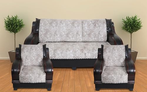 Image of 5 Seater Sofa Cover | Universal Non-Slip Fully Covered Protector for 3+1+1 Sofa Set | Durable Slipcover for Living Room Quilted Luxe (Ash Grey)
