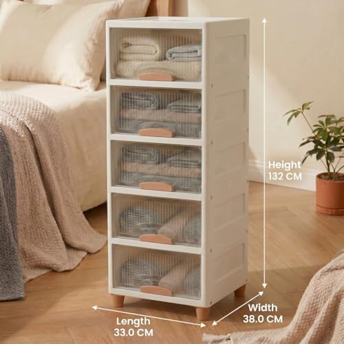 Image of Ash & Roh Multi-Layer Plastic Storage Cabinet with Transparent Flip Door | Space Saving Organizer for Kitchen, Bedroom, Office | Almirah for Clothes - Wardrobe Cabinet | (5-Tier White Box)