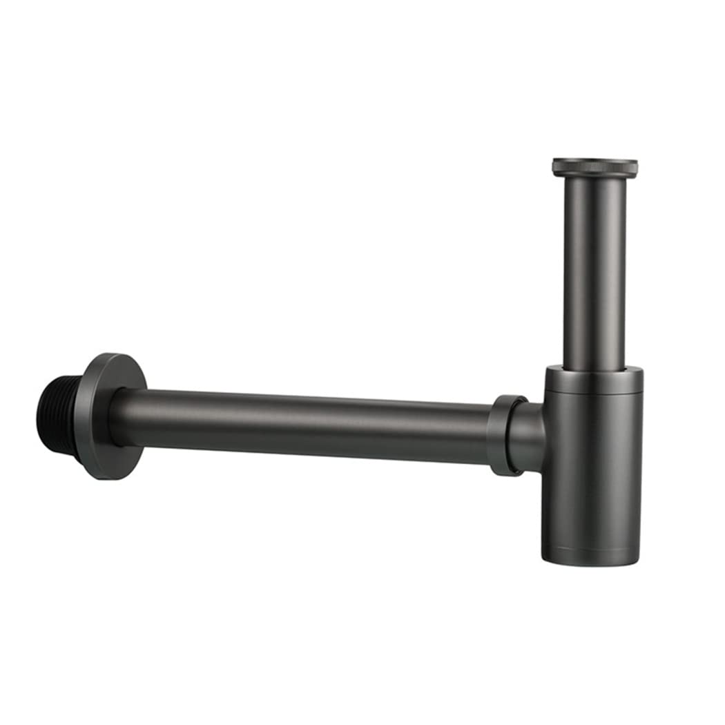 WRIST Sifone Tondo in Ottone per Bottiglia P, Kit Tubo di Scarico Sifone per Lavello del Bacino Regolabile in Altezza, Kit Sifone P per Scarico della Vasca da 1/4,Gun Grey
