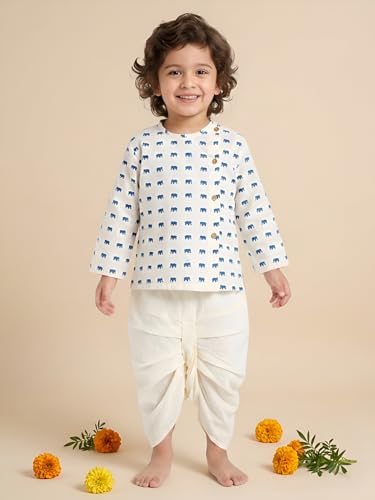 Image of POLKA TOTS Premium Cotton Dhoti Kurta Set for Kids Boys | Traditional Angrakha Style Ethnic Wear for Boys | Kurta Dhoti Set for Kids | Festive & Wedding Clothing Set for Baby
