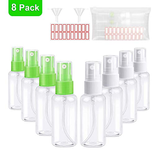 Small Spray Bottles, 30ml/1oz Empty Plastic Mini Spray Bottles, Small Fine Mist Spray Bottles with 2Pcs Funnels and 20Pcs Labels for Rubbing Alcohol,Essential Oil, Perfume, M/U Remover (8pack)