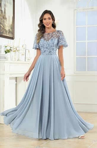 Sequin Mother of The Bride Dresses with Sleeves Pockets for Women Lace Applique Ruffles Pleated Wedding Guest Gown3