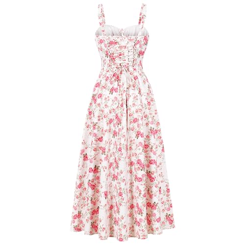 Image of Women Floral Corset Dress 2026 Boho Midi Sundress Summer Dress | Flowy A-Line Dress with Adjustable Spaghetti Straps Lace Up Back Front Slit High Waist for Vacation Wedding Guest