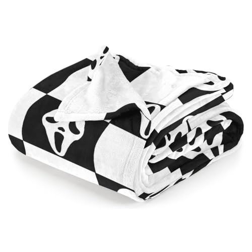 YWZDS Spooky Face Throw Blanket Black and White Checkered Pattern Halloween Ghost Blankets Fuzzy Gifts for Sofa Couch Bedroom (40 * 50 inch)