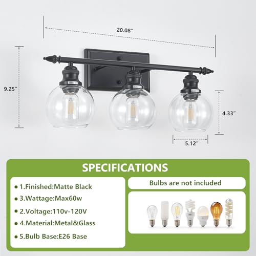 Image of 3-Light Bathroom Light Fixtures Matte Black Vanity Light Over Mirror Modern Vanity Lighting with Clear Glass Globe Vintage Wall Sconce for Kitchen Living Room Hallway Bedroom