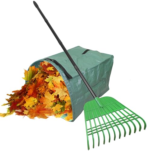 Gardzen 67 Inch Long Handle Rake for Leaves and Lawns 12 Tines Plastic Head Leaf Rake for Artificial Grass Pine Needles with Yard Waste Bag and Gloves