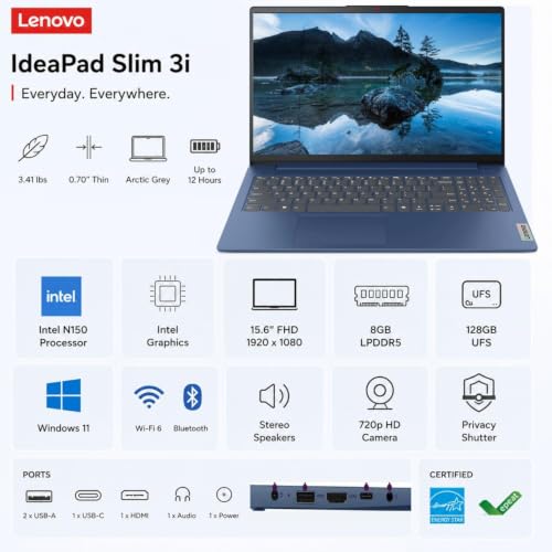 Image of Lenovo 15.6 inch Full HD IdeaPad Business Slim 3i Laptop, 2026-2027 Edition, Intel N150 CPU, 8GB LPDDR5 RAM, 128GB SSD, Windows 11 with Office 365