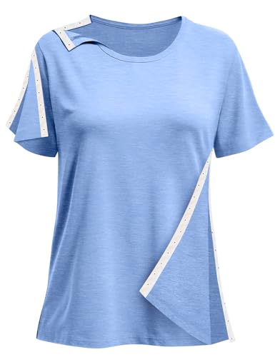 Post Shoulder Surgery Shirts for Women- Short Sleeve-Full Snap-Open Arm Shoulder Recovery Clothing Chemo Clothing
