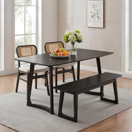 Image of HNY 63 inch Rectangular Wooden Dining Table with 2 Benches, Farmhouse Dining Table Set for 4-6 People, Kitchen Table with Bench, Kitchen Table Set for Dining Room /Restaurant, Black