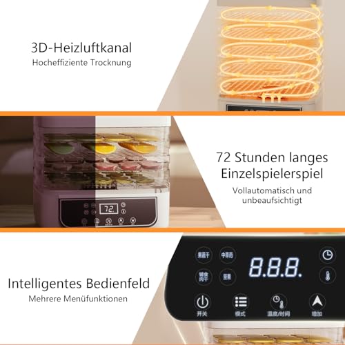 Dörrgerät, Multifunktionaler Obsttrockner mit 5 Fächern, 72-Stunden-Timer Obsttrockner mit LED-Anzeige, Lebensmitteltrockner für Fleisch, Fisch, Gemüse