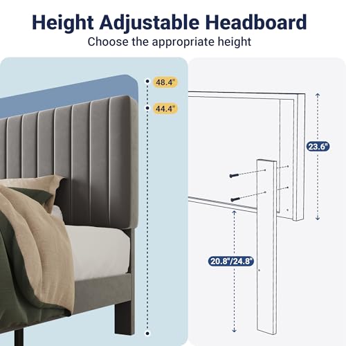 Image of Allewie Twin Bed Frame, Velvet Upholstered Platform Bed with Adjustable Vertical Channel Tufted Headboard, Mattress Foundation with Strong Wooden Slats, Box Spring Optional, Easy Assembly, Grey
