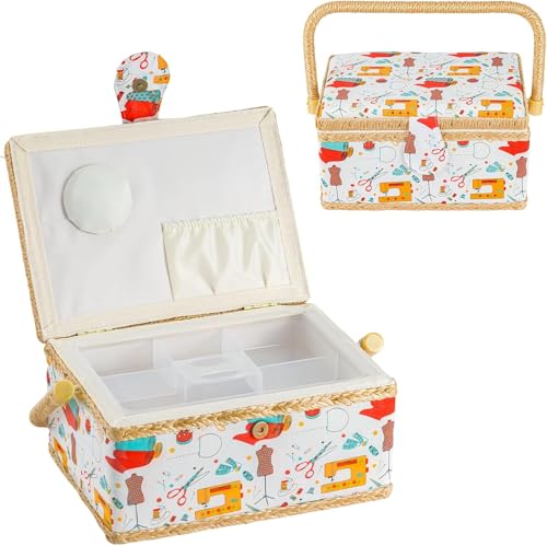 BREEZENEST Sewing Box with Removable Tray Portable Sewing Boxes for Crafts Quilting & Scrapbooking Magnetic Closure Wooden Storage Box 24 x 17.5 x 13 cm for Home & Travel (Yellow)