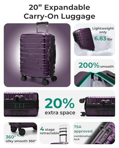 Image of BAGSMART Carry On Luggage 22x14x9 Airline Approved with Spinner Wheels,Lightweight 20 Inch Luggage with TSA Lock,Expandable Hard Shell Carry On Suitcases for Men Women,Purple